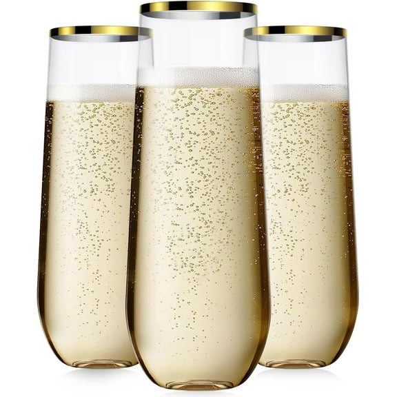 50 Pcak Champagne Flutes Plastic, 9 Oz Disposable Stemless Mimosa Gold Rim Toasting Glasses, Clear Crystal Plastic Cocktail Cups for Party Wedding Birthday