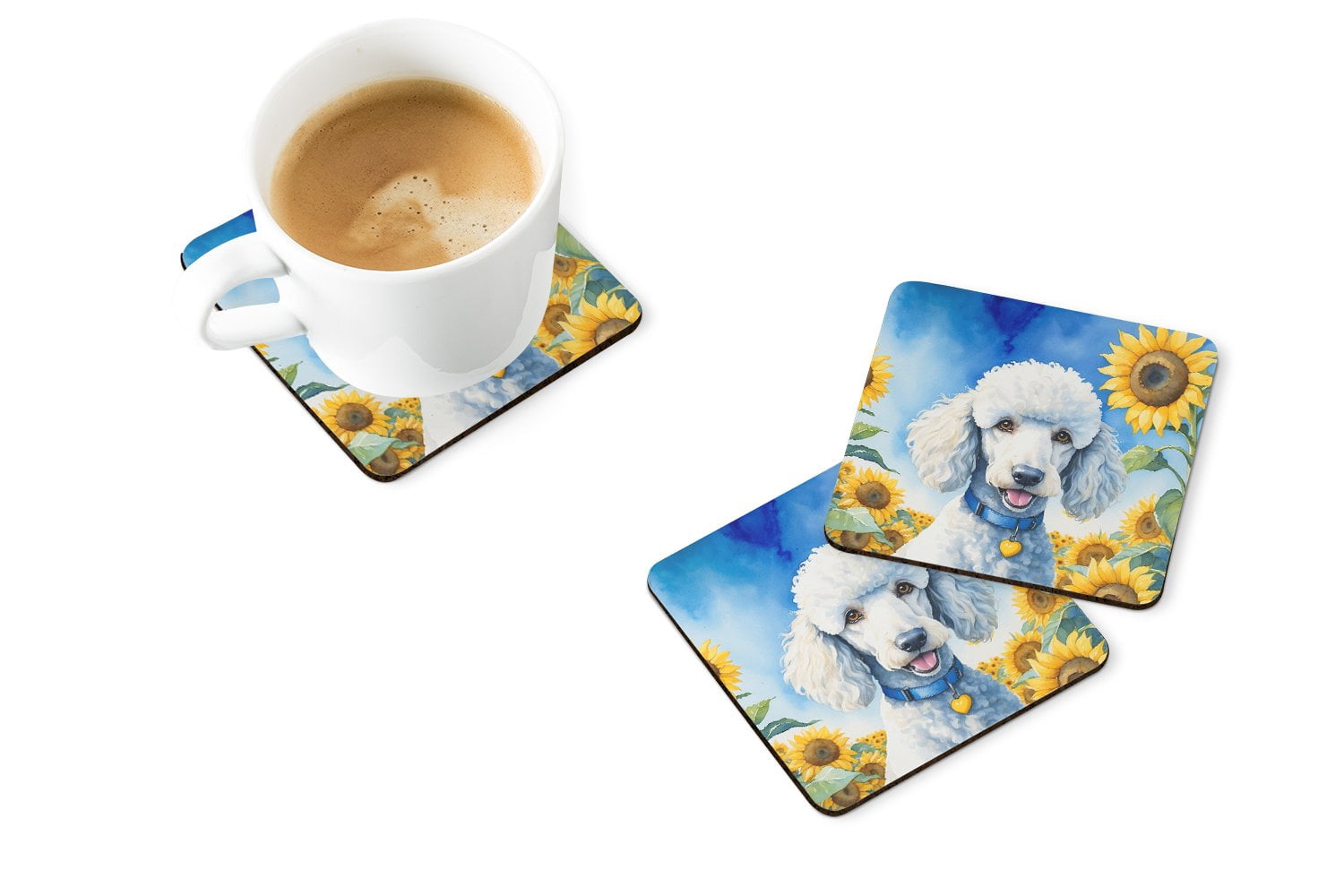 Carolines Treasures DAC6142FC 3.5 x 3.5 in. White Poodle in Sunflowers Foam Coasters - Set of 4