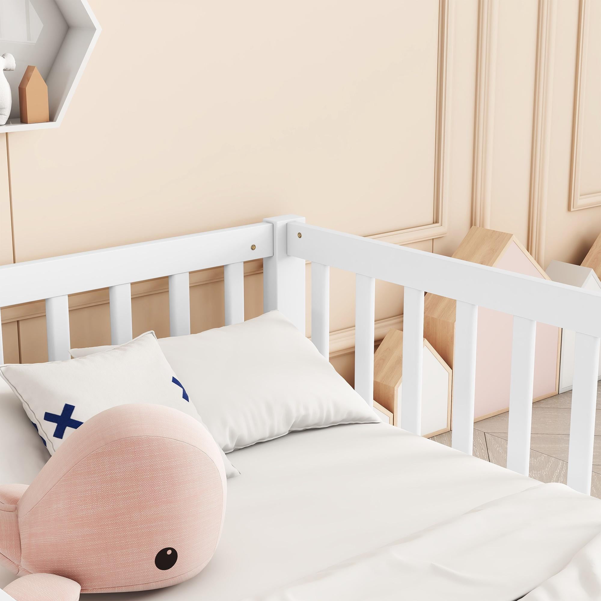 PORKISS Twin Size Floor Bed for Kids, Double Wood Montessori Bed Frame with Fence, White