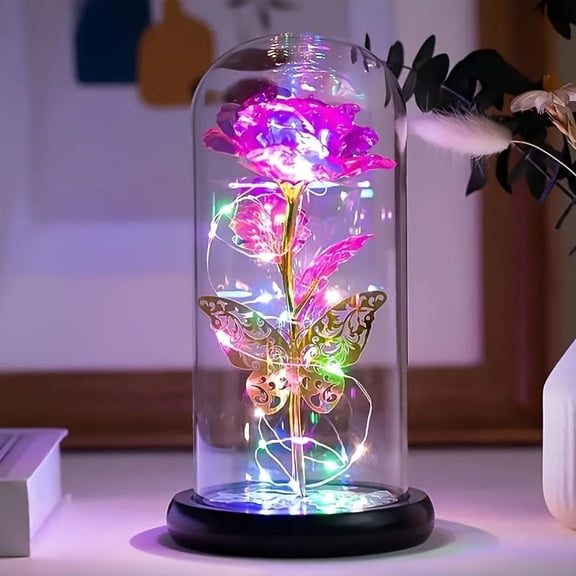 1pc with Gift Box Artificial Rose Flower Birthday Gift for Women/Mom/Girls, Women's Gift Birthday Gifts Colorful LED Preserved Rose Gift Flower in Glass Dome, Unique Gift for Her, Mom, Grandma