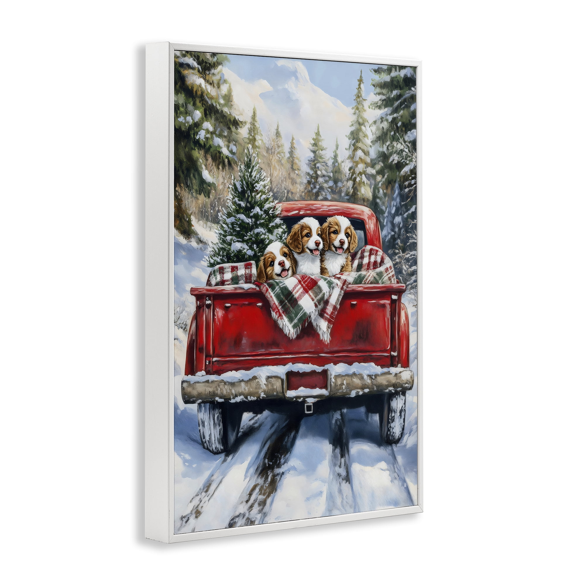 Christmas Truck Pups Trio White Framed Giclee Art, design by Petal Prints Design