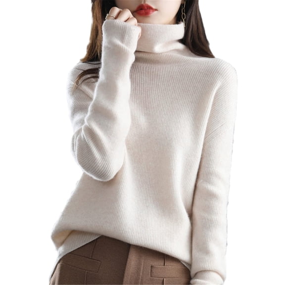 Women's Turtleneck Sweater Long Sleeve Casual Knit Pullover, Fall Winter Basic Top White 2XL