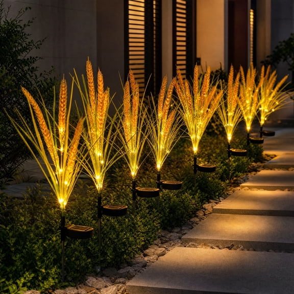 Akmoler Outdoor Solar Lights, 7 Led Wheats Solar Lights Waterproof, Fall Outdoor Decor, Yellow | Flower Lights, Auto On/Off, Garden Decor for Pathway, Yard, Patio, Gardening Gifts for Women