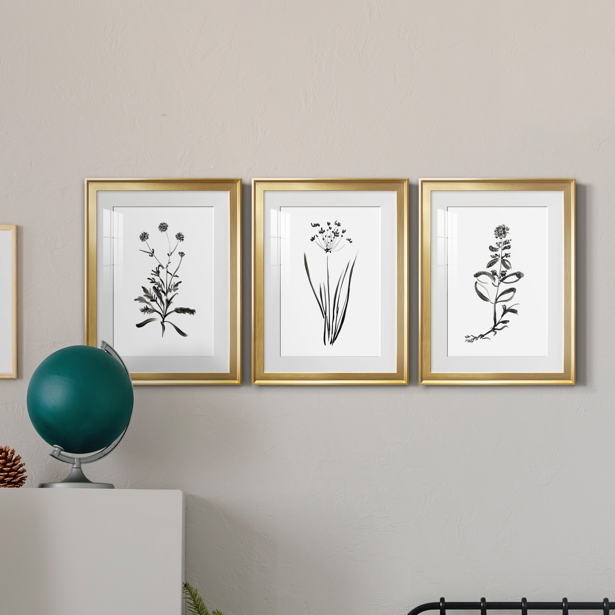 Inky Botanical I Premium Framed Prints Set of 3 - Ready to Hang - 18 x 24 Each - Gold Frame