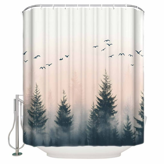 Small Stall Shower Curtain 36x78 Inch Narrow Half Size Rustic Foggy Forest Bath Curtains Bathroom Decor Watercolor Trees Birds Landscape Waterproof Fabric Shower Curtain Set with Hooks 36 Inch