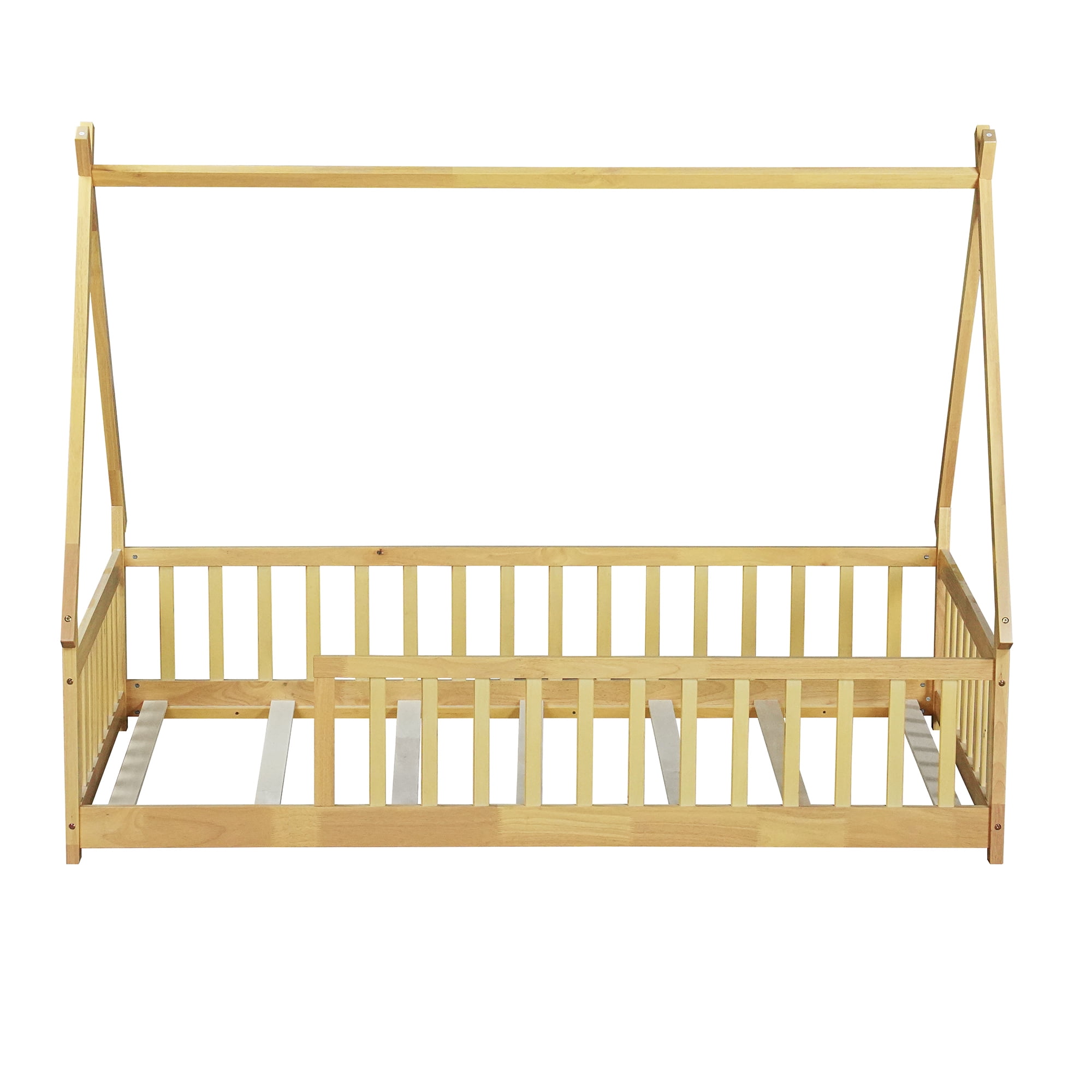 Mirightone Twin Size Floor Bed, Montessori Teepee Floor Bed with Rails, Wood Tent-Shaped Bed with Fence (Natural)