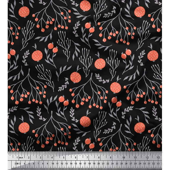 Soimoi Black Poly Georgette Fabric Branch & Red Berries Fruits Print Fabric by the Yard 42 Inch Wide