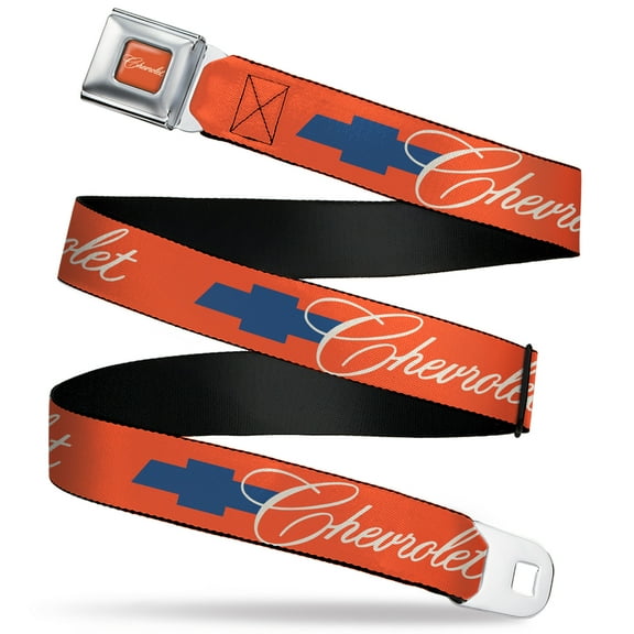 Chevy Belt, Seatbelt Buckle Belt, Chevrolet Script and Bowtie Orange White Blue, 30 to 44 Inches