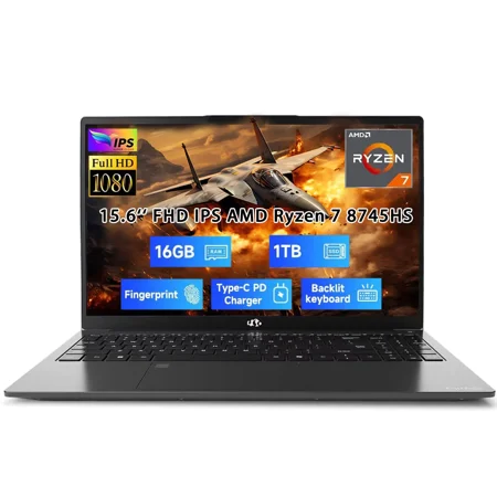 15.6" IPS FHD New Gaming Laptop, AMD Ryzen 7 8745HS 16GB DDR5 RAM 1TB SSD (up to 4.9GHz) Radeon 780M Graphics Business Computer with 100W Type-C Backlit Keyboard, Fingerprint USB-C 4.0 Black
