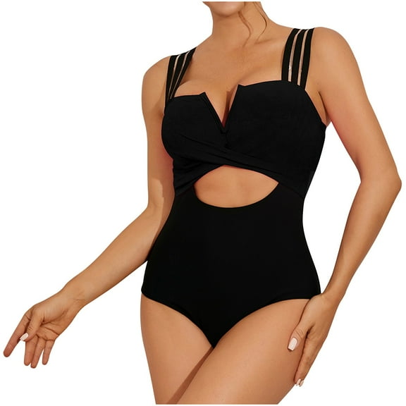 Elainilye Fashion One Piece Bathing Suit for Women Solid Color Sexy Hollow Swimsuit One-Piece Swimsuits Beachwear,Black