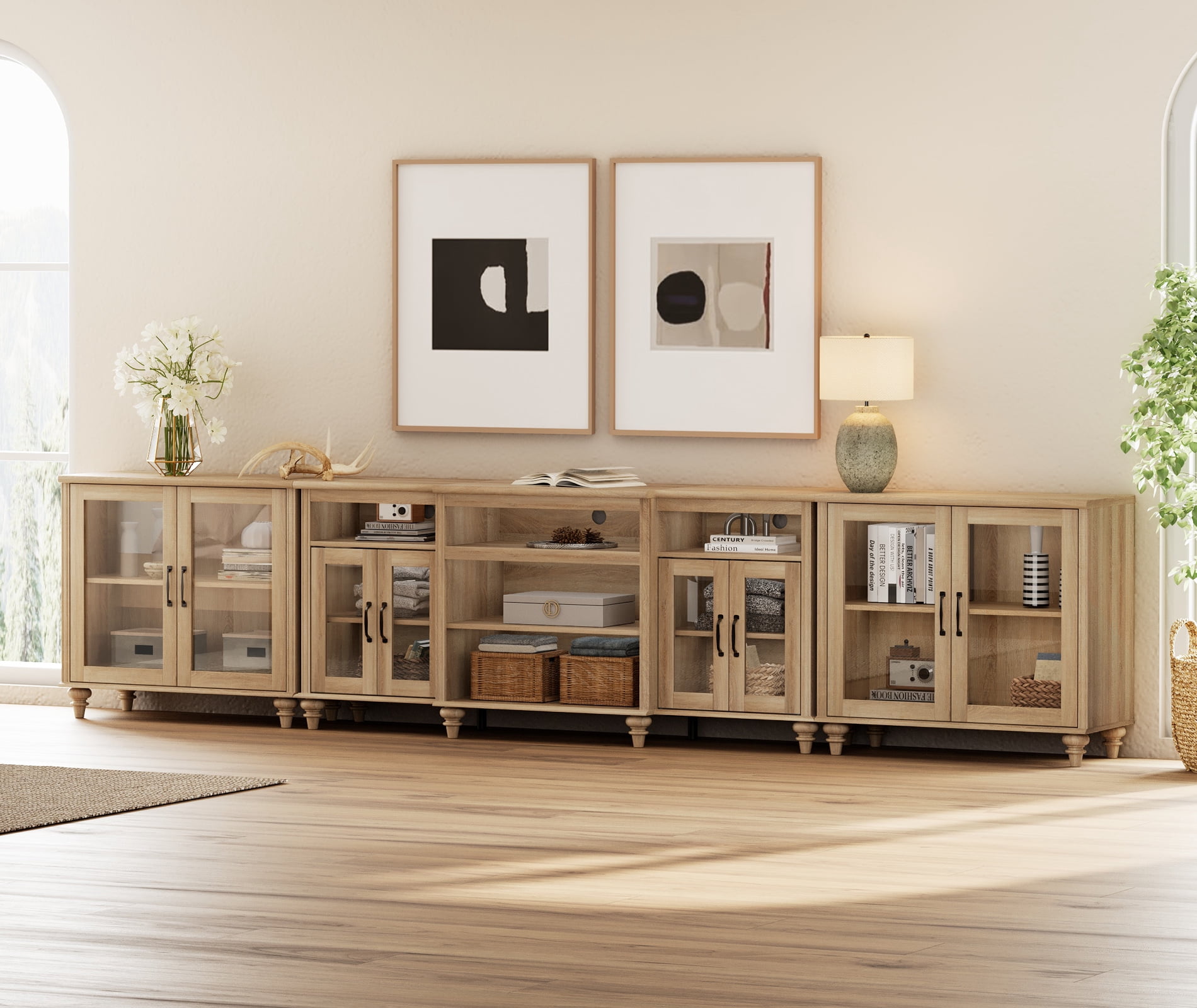 Farmhouse Large TV Stand for TVs Up to 115 inch with Glass Doors, Wood Universal TV Console with Storage Cabinets, Entertainment Center Table for Living Room, Bedroom, Oak