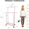 thumbnail image 2 of Portable Pink Double Rods Garment Rack with Rolling Clothes Organizer on Lockable Wheels Mobile for Gilr Women, 48" W x 15" D x 67" H, Metal Simple Hanging Clothes with 2 Hook, 2 of 8