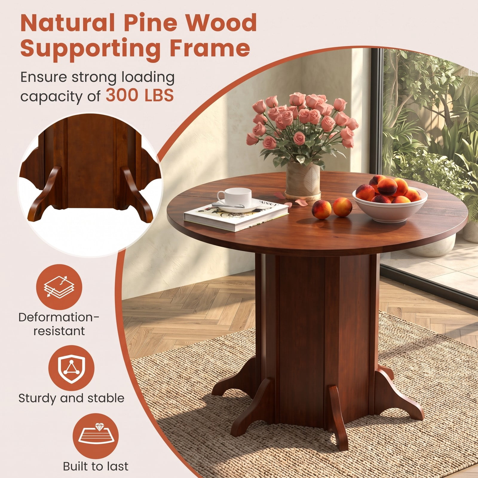 Furnibear Round Dining Table for 4-6 People, 42 Inch Kitchen Dinner Table with Pedestal Base, Waterproof MDF Tabletop with Acacia Wood Veneer for Kitchen, Walnut