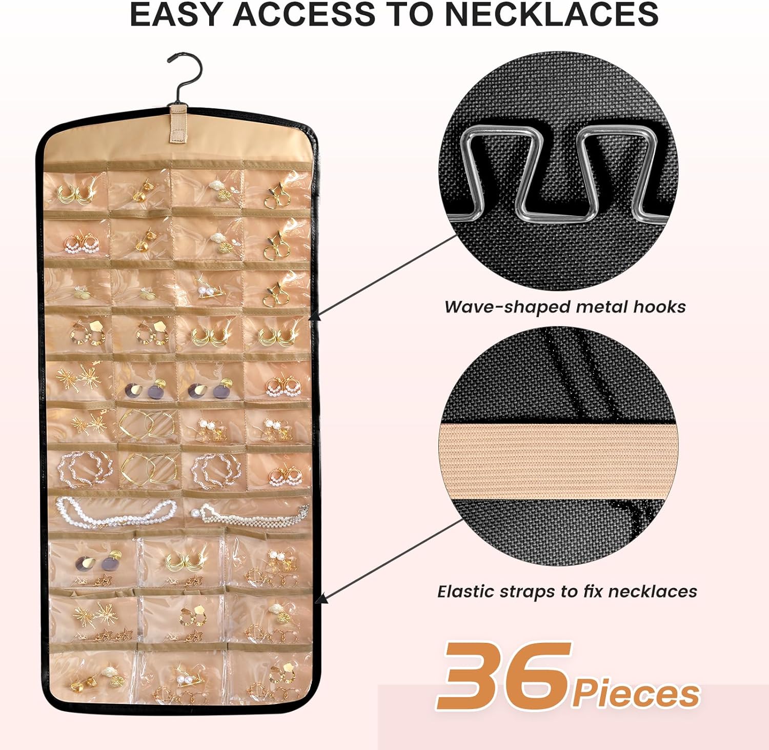Hanging Jewelry Organizer Storage Roll with Hanger Metal Hooks Double-Sided Jewelry Holder for Earrings Necklaces Rings on Closet Wall Door, 1 piece