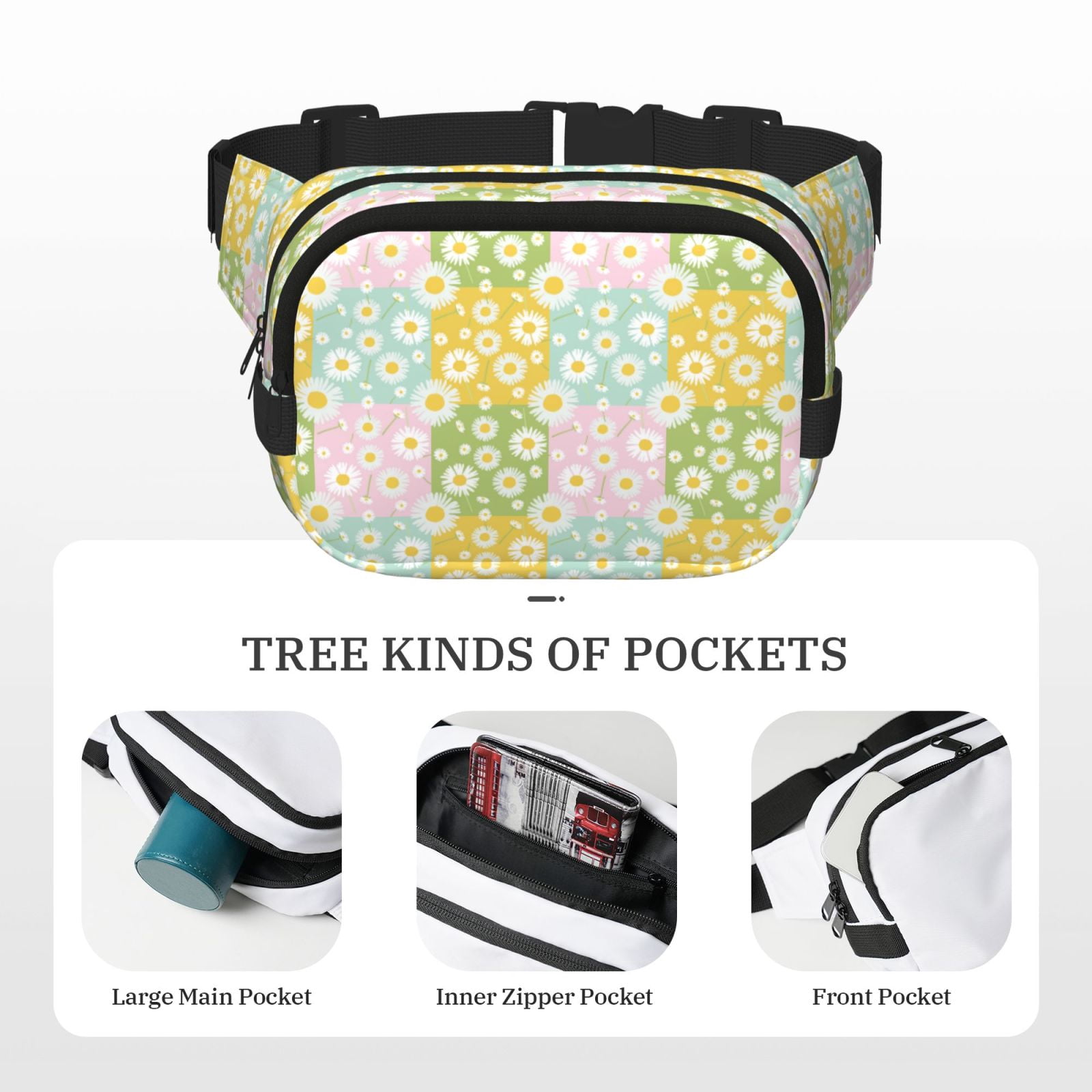 Picia Daisies Flowers Print Square Double-Layer Waist Bag Mini Adjustable Waist Belt Bag Exercise Running Travel Hiking