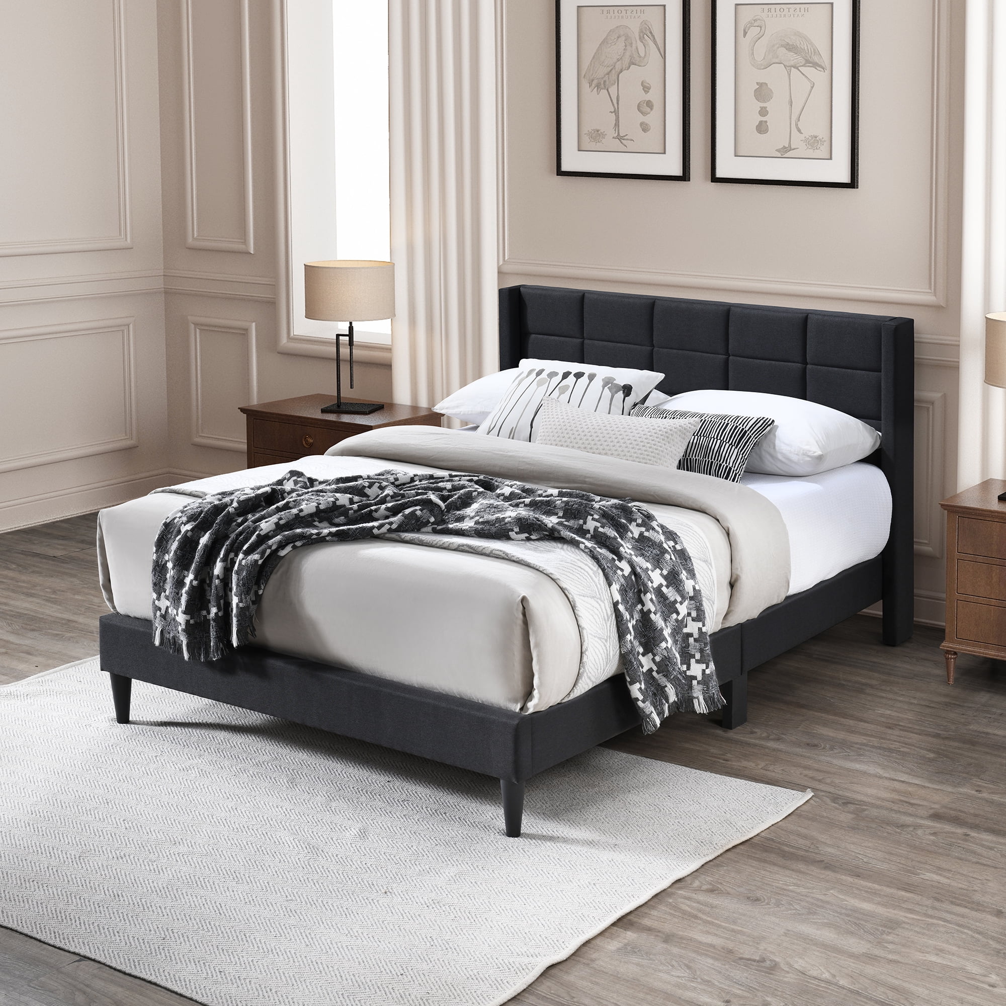 Alexent Queen Size Upholstered Bed Frame | Linen Headboard, Metal & Solid Wood Construction, Sturdy & Comfortable Bed for Bedroom Dark | Gray