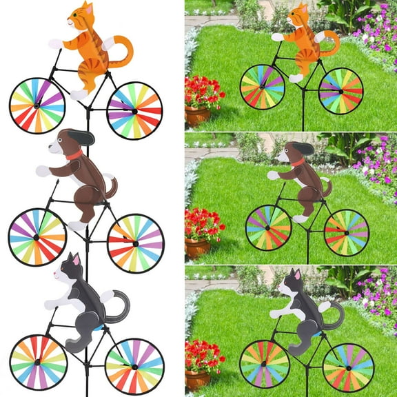 Deago 3 Pack Animal Garden Pinwheels Cat Dog On Bike Bicycle Windmill Wind Spinner for Toys Ornaments Outdoor Yard Lawn Decoration