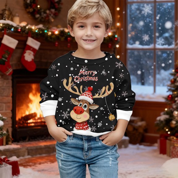 Boys Sweatshirts Boys Girls Christmas Reindeer Crew Neck Long Sleeve Hoodless Sweatshirt Black 4-5 Years