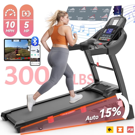 5HP Folding Treadmill w/ 15% Auto Incline for Home with 300LB Capacity, Walking Jogging Treadmill w/ Smart APP Control, 71 Preset Programs, 10MPH, Portable Running Machine w/ HiFi Dual Speakers