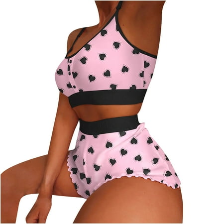 

Ziloco Women s Casual Print Colorblock Frill Hem Set Housewear Sexy Suspender Vest Suit pink scrubs sets for women Pink L