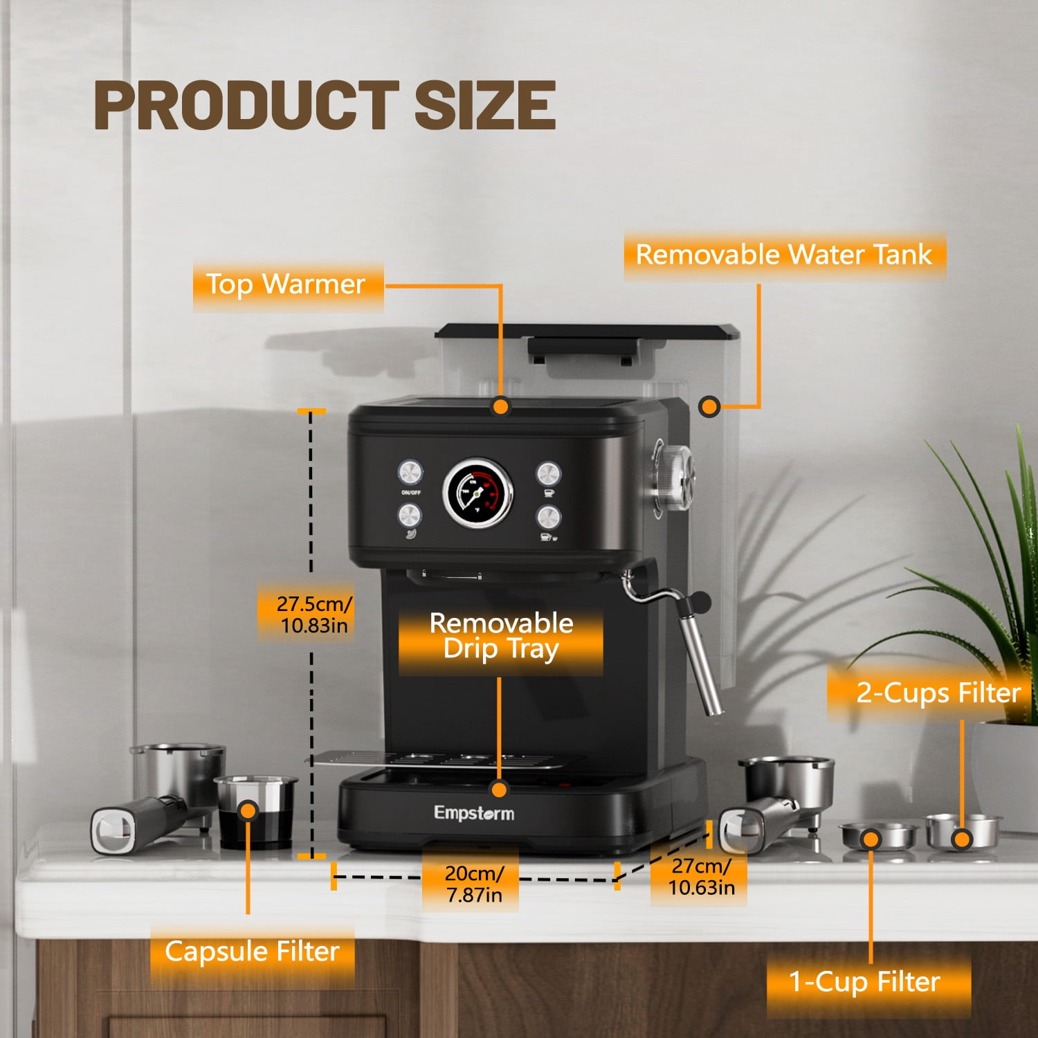 Empstorm 20 Bar Espresso Machine with Milk Frother Steam Wand, 3-in-1 Coffee Maker, Compatible with NS Capsules, Stainless Steel, for Latte & Cappuccino, Black