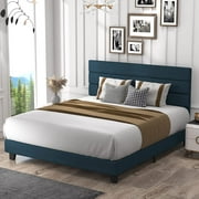 Einfach Blue King Platform Bed Frame with fabric Headboard, No Box Spring Required, Easy to install