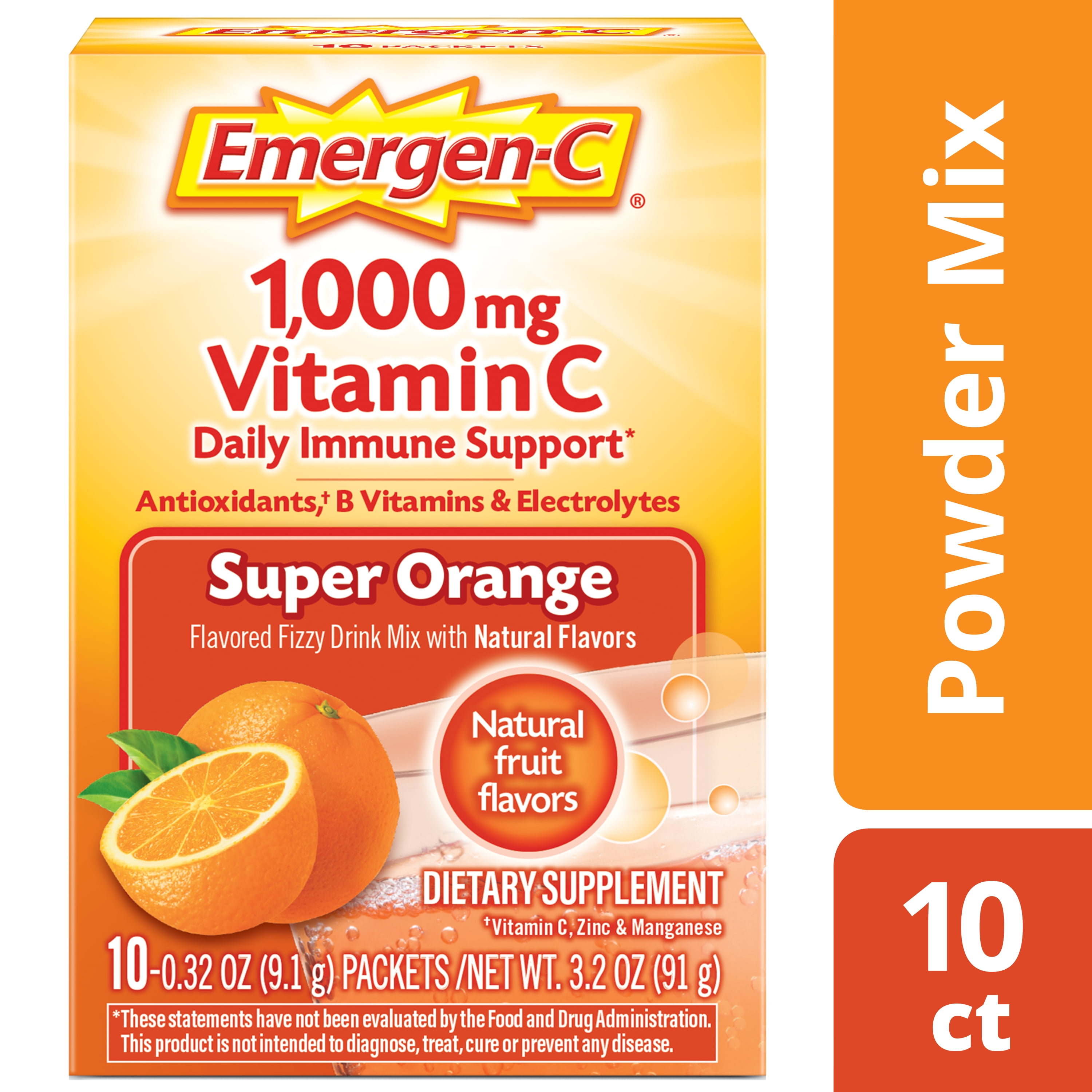 Emergen-C 1000mg Vitamin C Powder, with Antioxidants, B Vitamins and Electrolytes for Immune Support, Caffeine Free Vitamin C Supplement Fizzy Drink Mix, Super Orange Flavor - 10 Count -