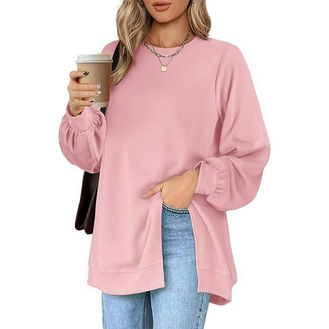 Fashnice Hauts pour Femmes Chandail en Molleton Col Rond Manches Longues Chandail Doux Automne Chandails en Molleton Rose P