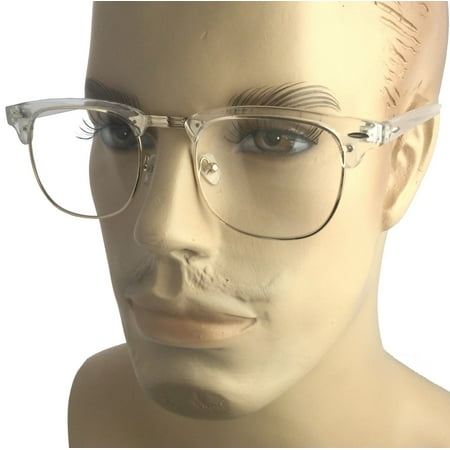 Transparent Frame Eye Glasses Vintage 80 Half Retro Clear Lens Gold Hipster Nerd, Gold Trim