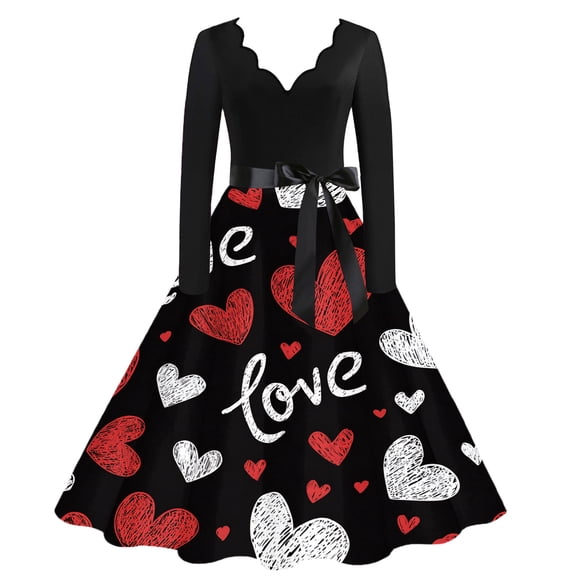 Valentine Dress for Women Long Sleeve V-Neck Cocktail Dresses with Belt Love Heart Printing A-Line Dress Watermelon Red 5XL