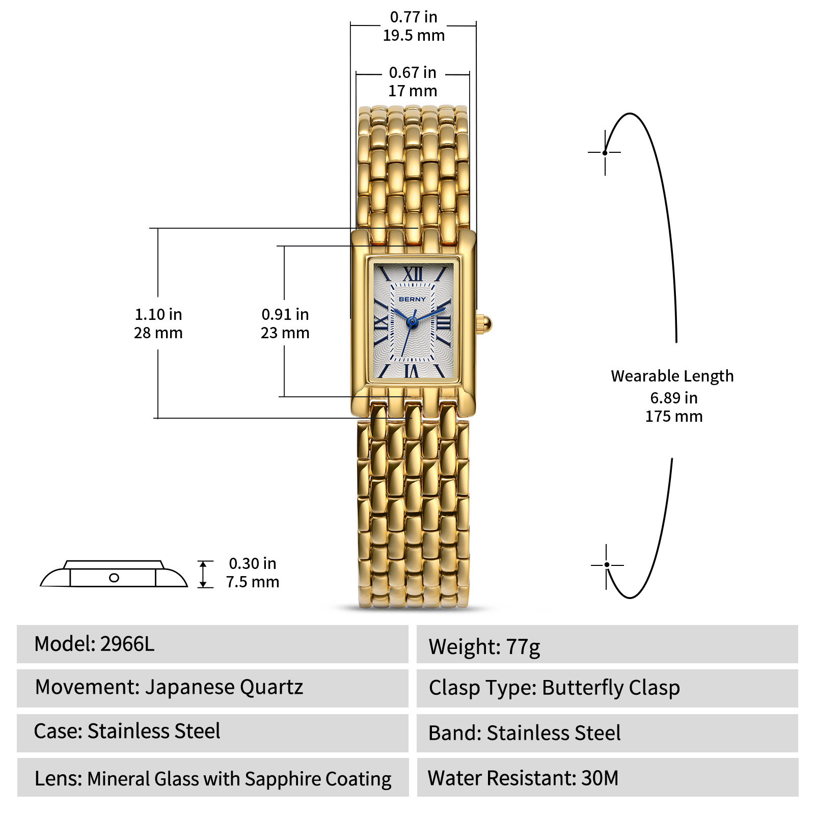 BERNY Small Gold Watches for Women, Luxury Vintage Rectangular Case Roman Dial, Dainty Stainless Steel Bracelet Watch, Adjustment Tool Included, Waterproof, Womens Gold Watch Gifts (White)