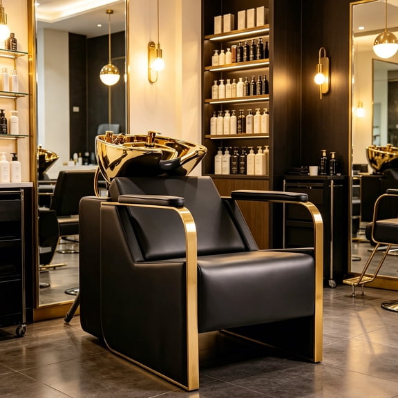 Artist Hand Professional Shampoo Chair Durable Wash Chair with Adjustable Neck Rest, Ceramic Shampoo Bowl (Black&Gold)