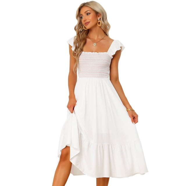 Vestido de verano fruncido Allegra K Cuello Cuadrado bohemio Sin Mangas blanco XL