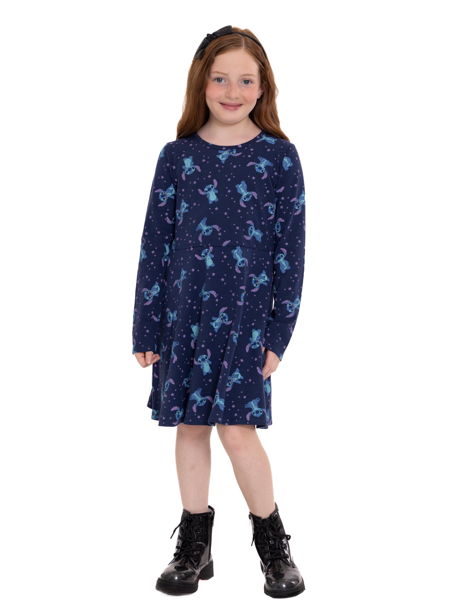 Stitch Girls Print Skater Dress with Long Sleeves, Sizes 4-16