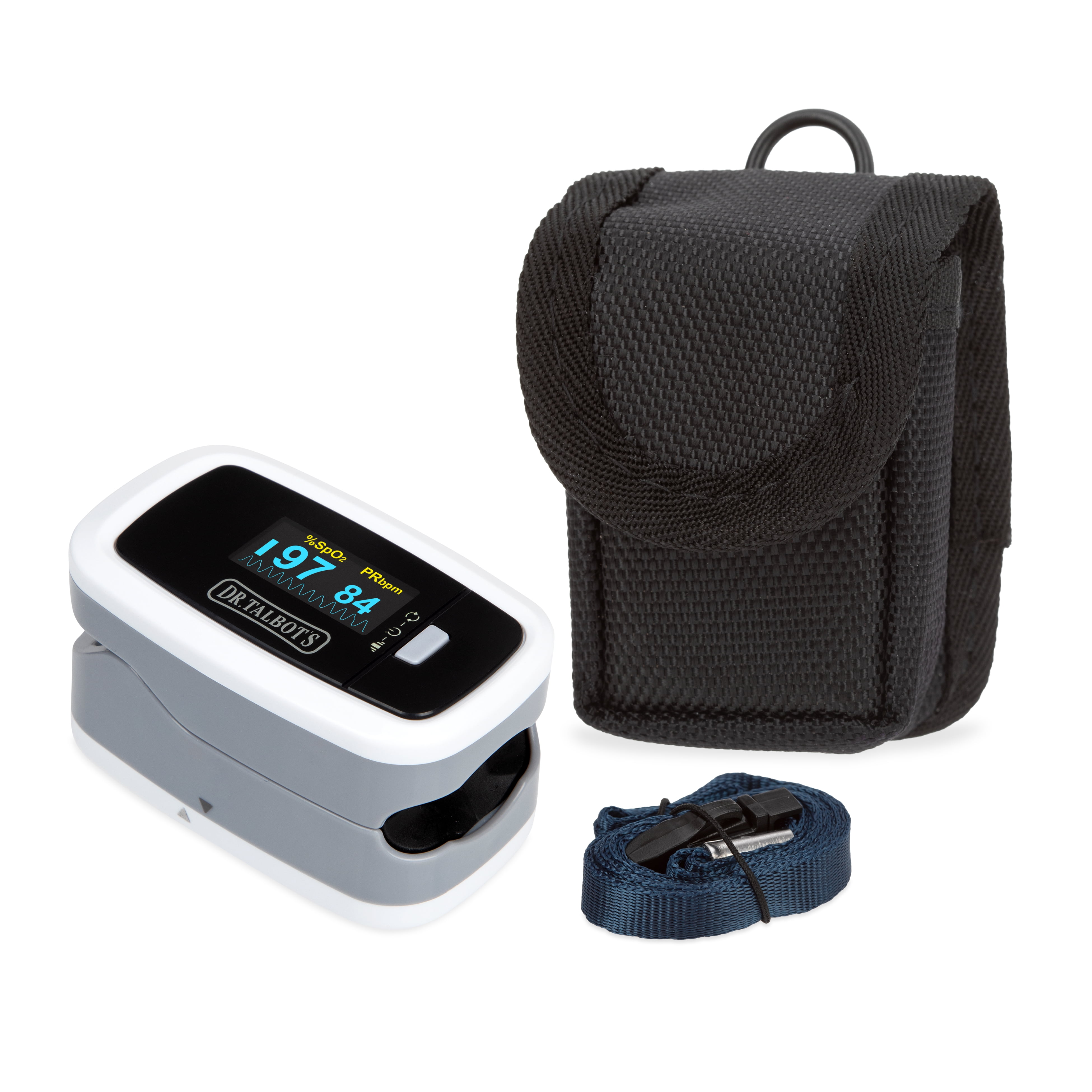 Dr. Talbot's Pulse Oximeter with Lanyard and Travel Pouch; White & Gray