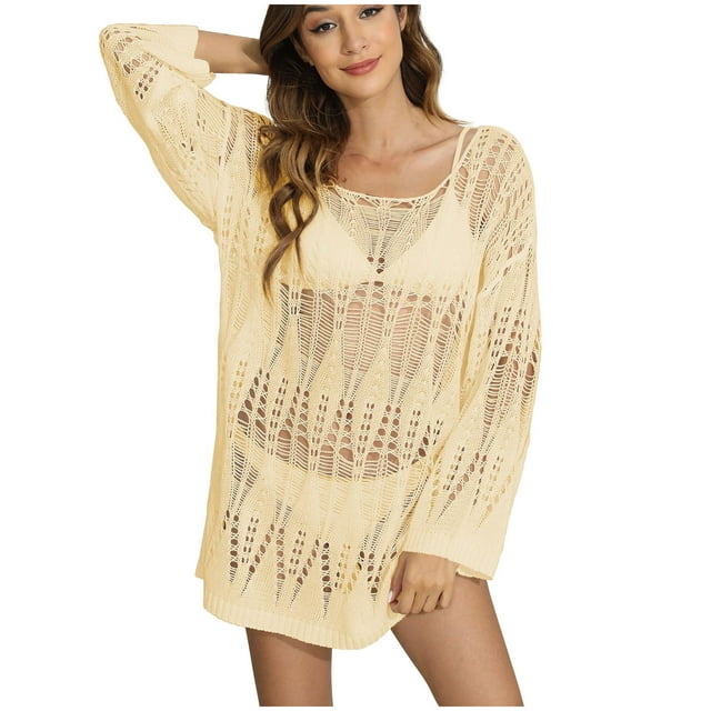 Plebaso Robe de Plage à Manches Longues pour Femmes, Cache-Maillot Ajouré, Maillot de Bain, Tenues de Vacances pour Femmes