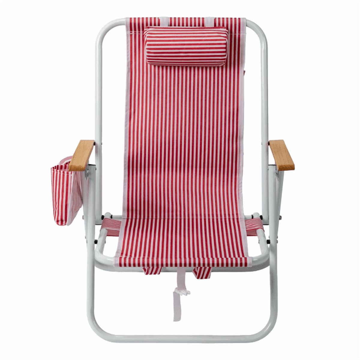 Alvantor 4-Position Backpack Beach Chair with Aluminum Frame, Wooden Armrests, Pillow and Pockets, Red Stripe