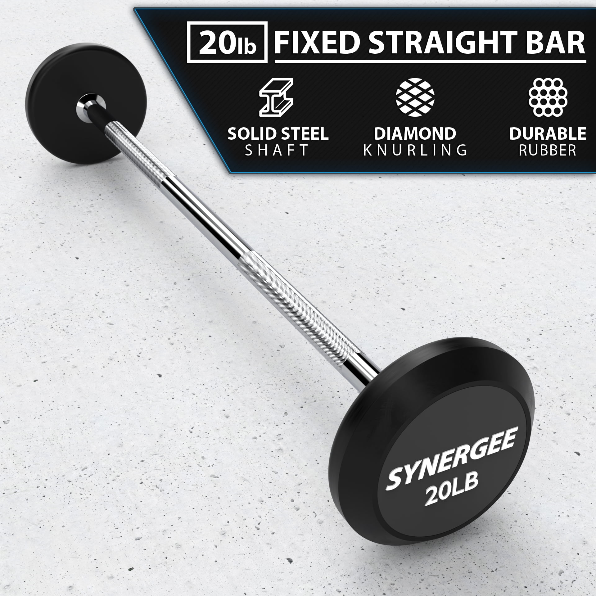 Synergee 20lb Fixed Barbell Straight Steel Bar Rubber Weight