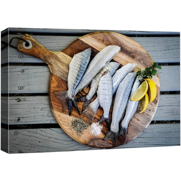 wall26 Canvas Print Wall Art Mediterranean Fish Platter with Lemons Fruit Food Photography Realism Chic Scenic Colorful Multicolor Ultra for Living Room, Bedroom, Office - 24"x36"