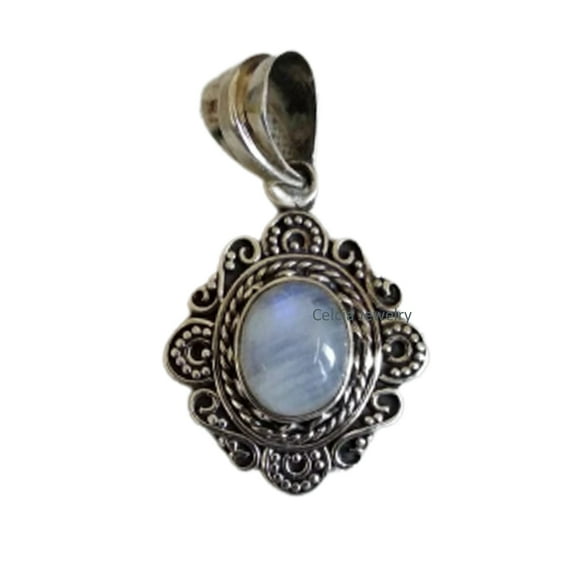 Solid 925 Sterling Silver Pendant For Women Men, Genuine Rainbow Moonstone Oval Gemstone Amazing Handcrafted June Birthstone Jewelry