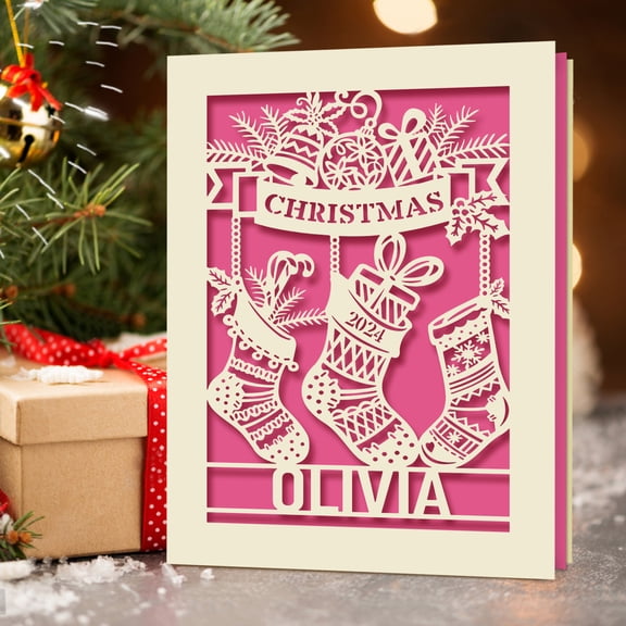 Personalized Christmas Card Papercut Hanging Stockings Christmas 2024 Greeting Card with Envelope Customized Any Name