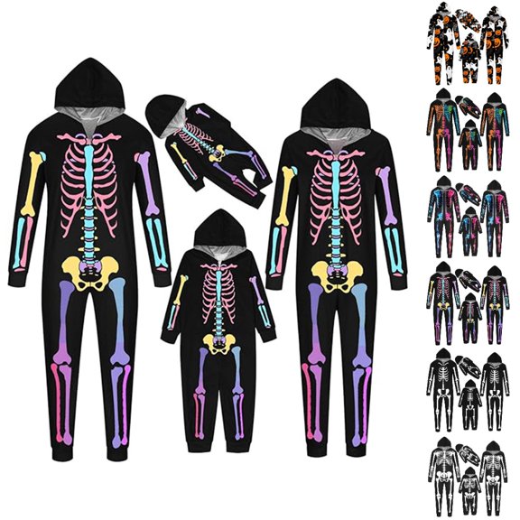 HJYCHN Suits Halloween Family Pajamas Family Pajamas Matching Sets Skeleton Print Hooded Zip Front Long Sleeve Full Length Homewear