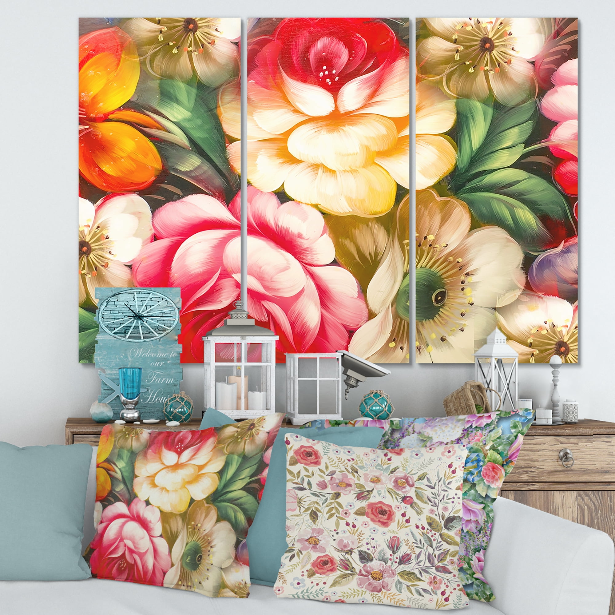 Red and Yellow VIntage Flowers 28 in x 36 in Painting Canvas Art Print, by Designart