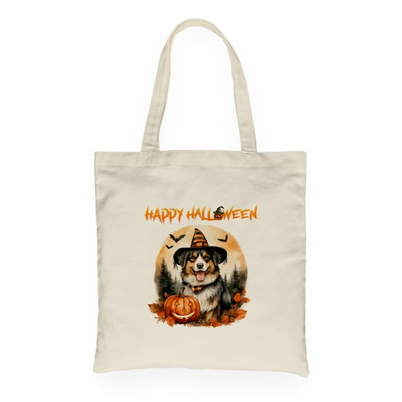 Happy Halloween Australian Shepherd Witches Hat Pumpkin Carving Canvas Tote Bag Aussie Dog Lover Gifts Reusable Shopping Grocery Bag - 02019