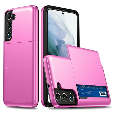 Galaxy S22 Case - TECH CIRCLE [Sliding Hidden Card Holder] 3-in-1 Hard Plastic Protective Rugged Cover Case for Samsung Galaxy S22 (6.1 Inch) 2022 Release, Pink