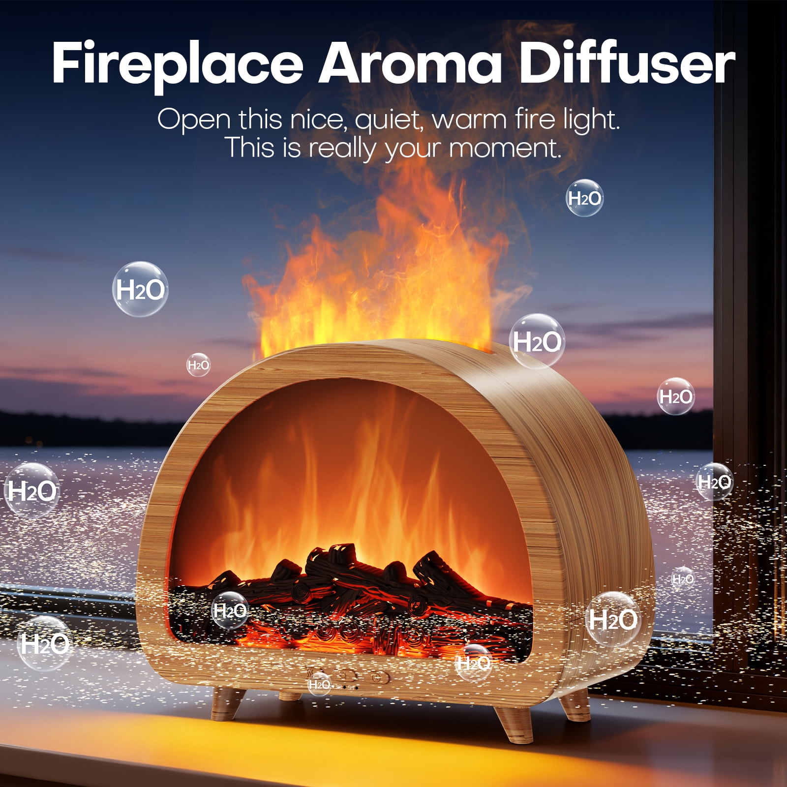 Diffuserlove USB fireplace flame humidifier, an essential oil diffuser with remote control and timer, can be set to turn off, 7 types of lights, suitable for home, bedroom and office