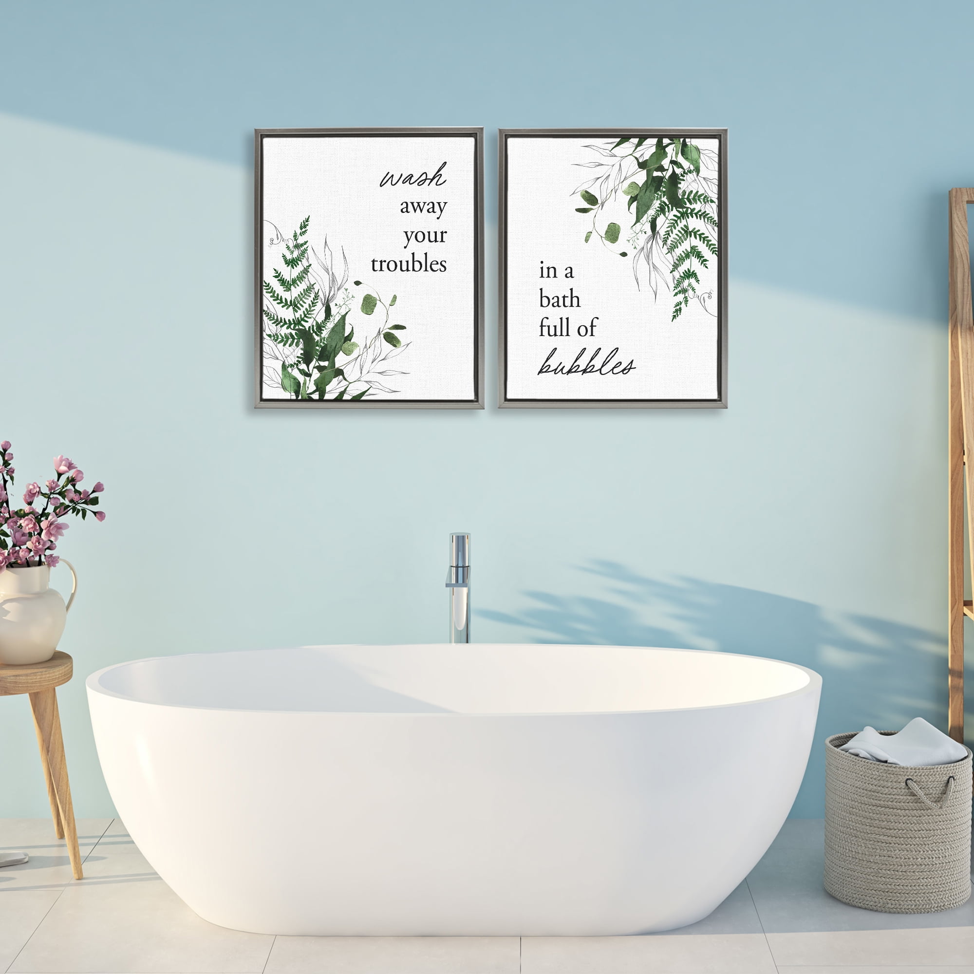 Bubble Bath with Forest Foliage 2 Piece Gray Framed Floater Canvas Set, design by Lettered and Lined