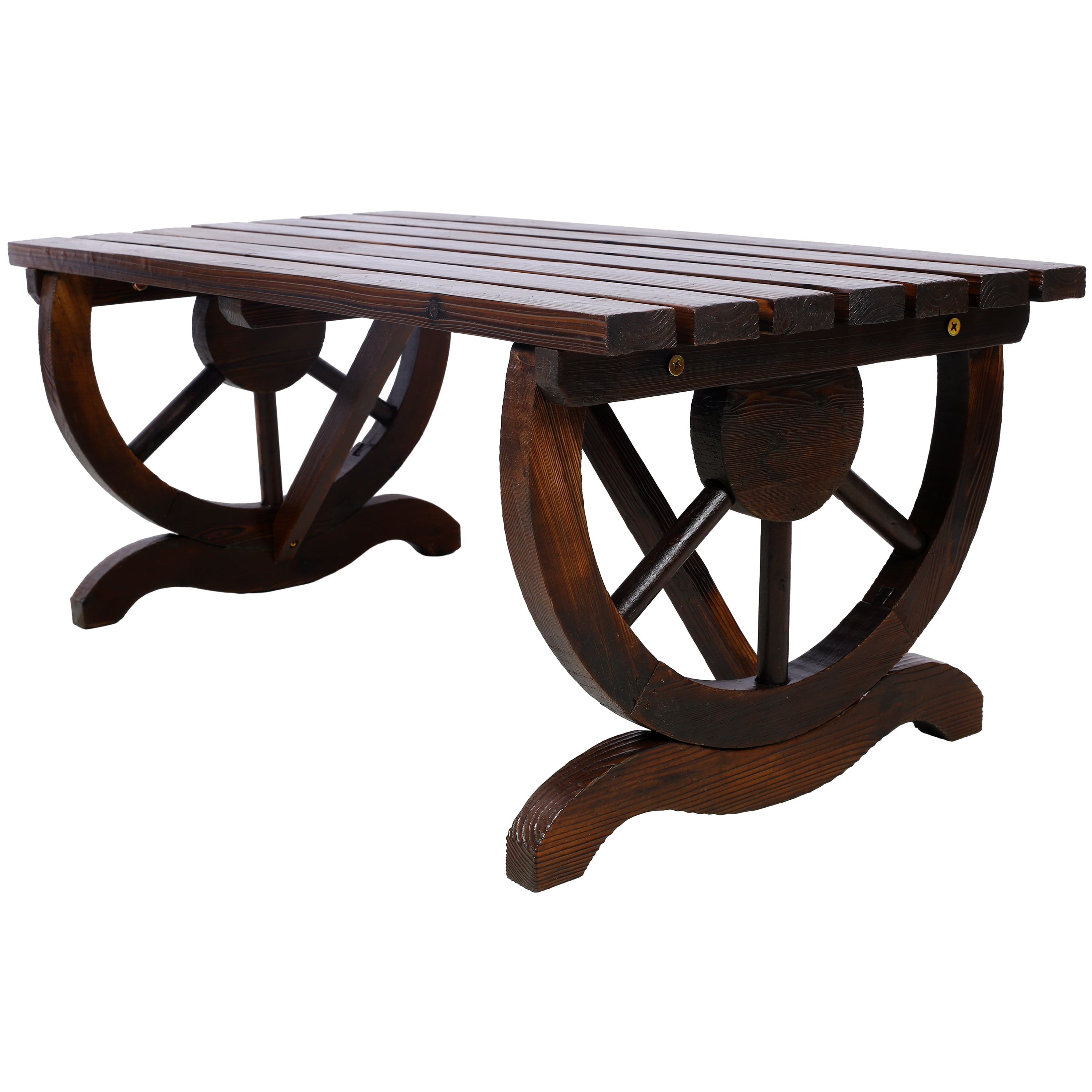Outdoor Rustic Wooden Bench with Wagon Wheel Legs, 2 People Outdoor Bench Garden Bench Front Porch Furniture Patio Lawn Yard Park, Indoor and Outdoor Decor