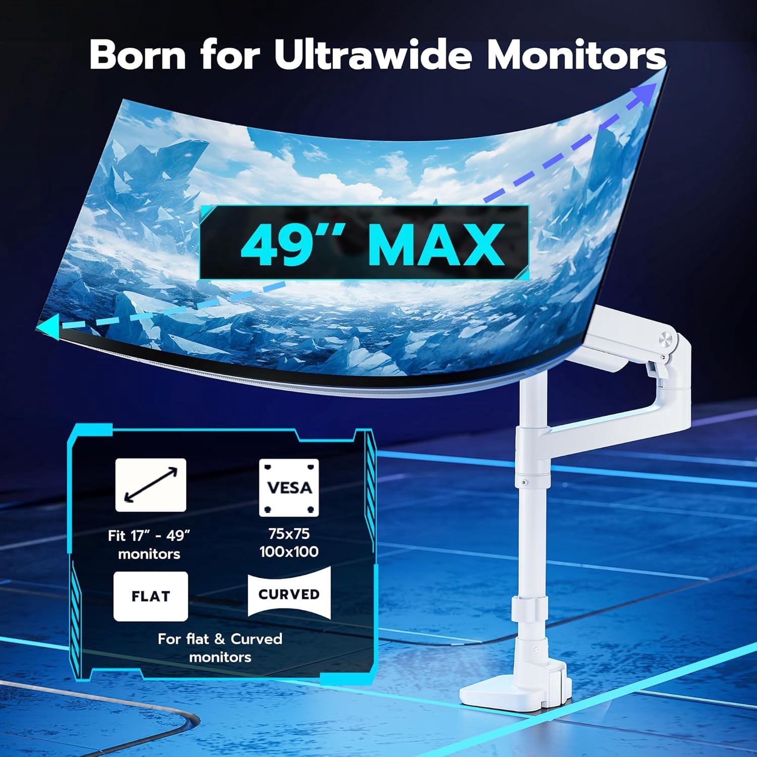 ARES WING Single Monitor Arm Desk Mount for 17–49 Inch Ultrawide Monitors, Heavy Duty Monitor Mount Holds Up to 44 lbs, Full Motion Gas Spring Monitor Stand, VESA 75x75 / 100x100, White