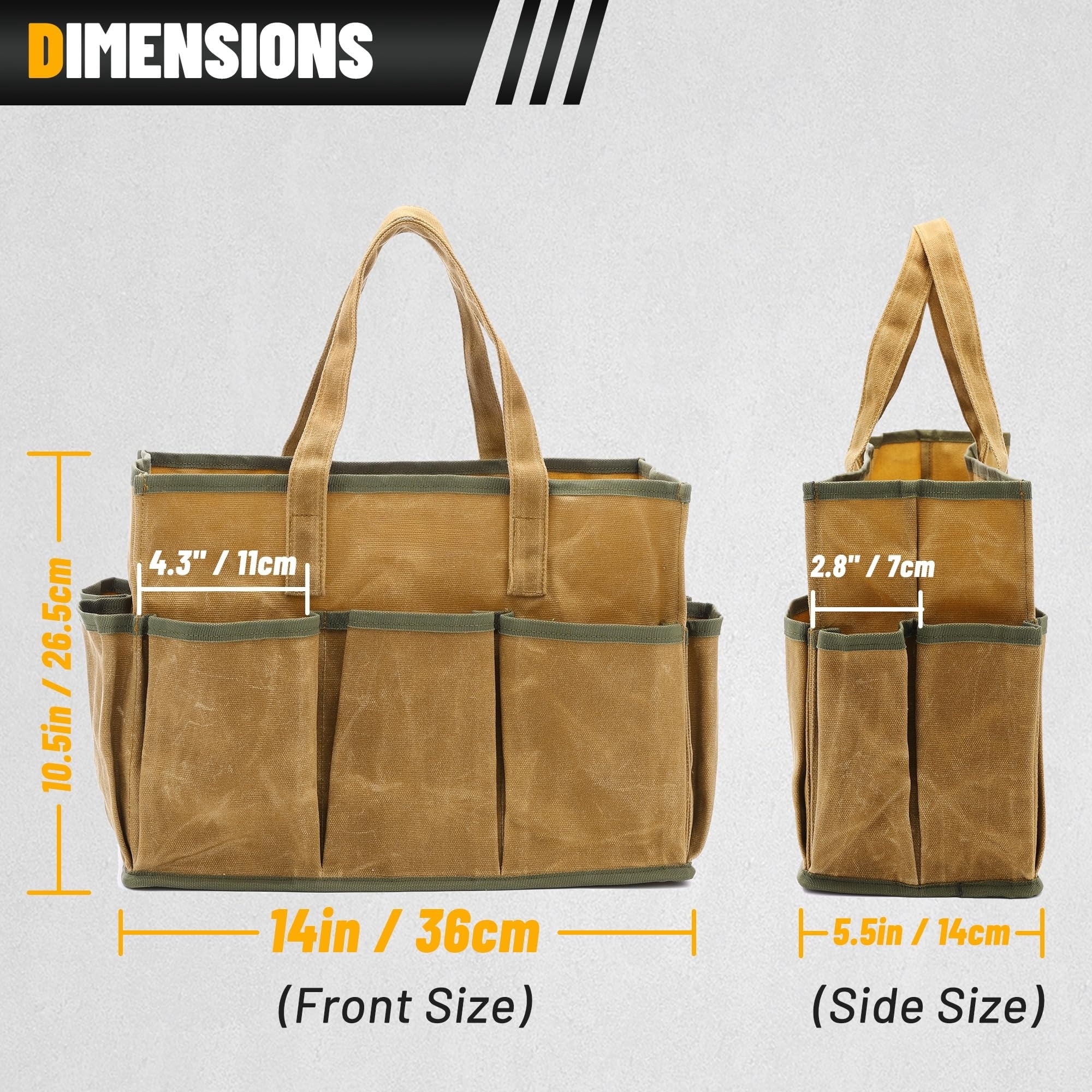 Lohol 16OZ Waxed Canvas Tool Tote Bag for Garden Tools Wrench Set & Screwdrivers | 11-Pocket Garden Tool Bag with Portable Handles, Multi-Purpose Tool Storage Organizer (14"L x 5.5"W x 10.5"H) – Grey